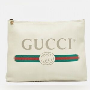 Gucci Cream Logo Zip Up Leather Suede Large Portfolio Pouch Clutch